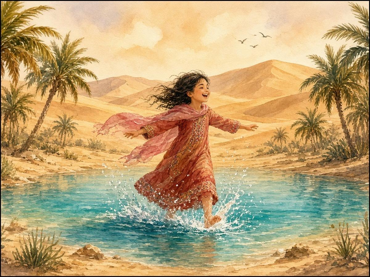 Aquarell: Ein Mädchen in einem roten Kleid läuft lachend durch das Wasser einer Oase, umgeben von Palmen und Sanddünen im warmen Abendlicht.