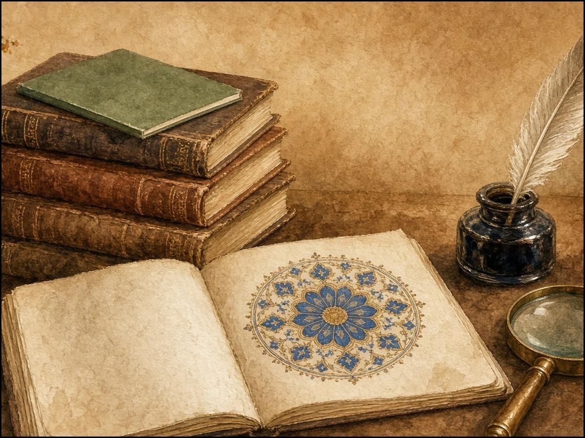 Aquarell: Ein grünes Taschenbuch auf einem Stapel alter Lederbände, davor eine aufgeschlagene Handschrift mit blau-goldener Rosette, Tintenfass mit Feder und eine Lupe.