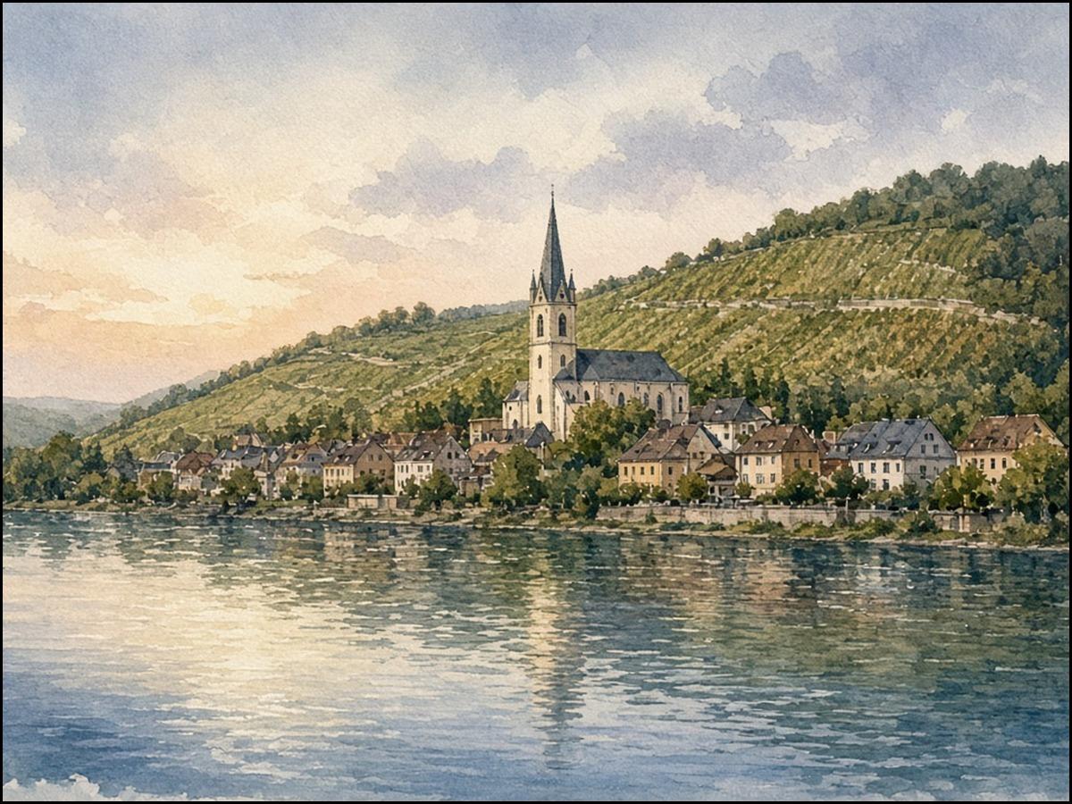 Aquarell: Blick über den Main auf Klingenberg mit der Kirche St. Pankratius und Weinbergen im Abendlicht.