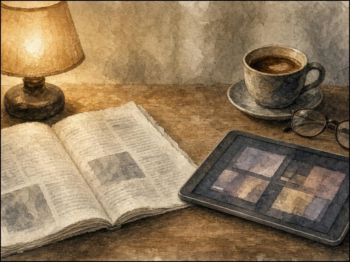 Aquarell: aufgeschlagenes Heft und Tablet auf einem Holztisch, daneben Tasse, Brille und Lampe.