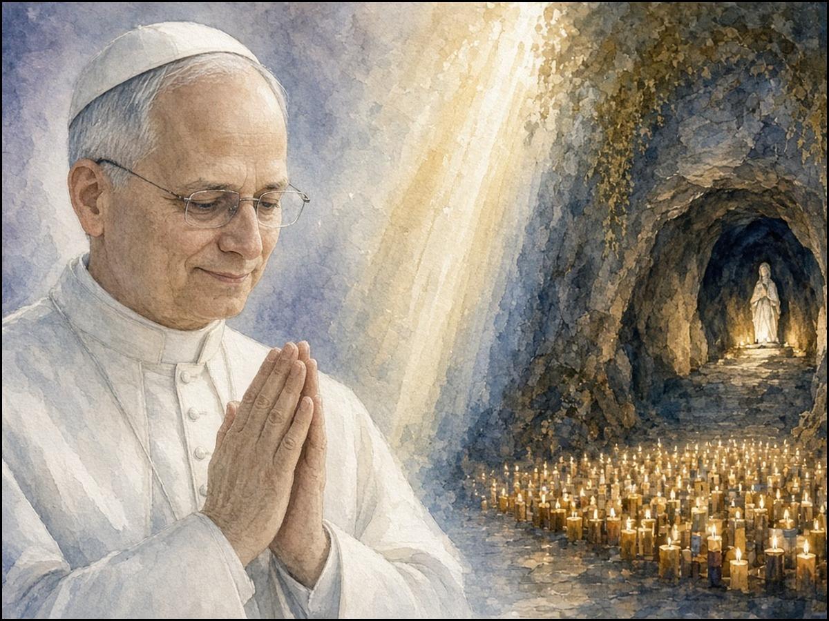 Aquarell: Papst Leo XIV. betet mit gefalteten Händen, daneben die Grotte von Lourdes mit Kerzenmeer, verbunden durch einen Lichtstrahl.