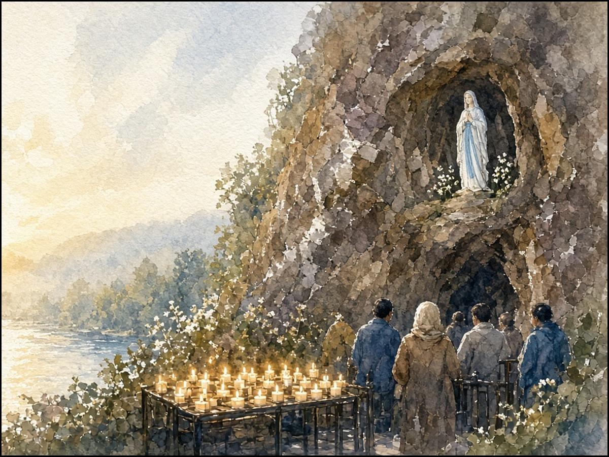 Aquarell der Grotte von Lourdes im Morgenlicht mit Marienstatue, Kerzenständer, betenden Pilgern und dem Fluss Gave.