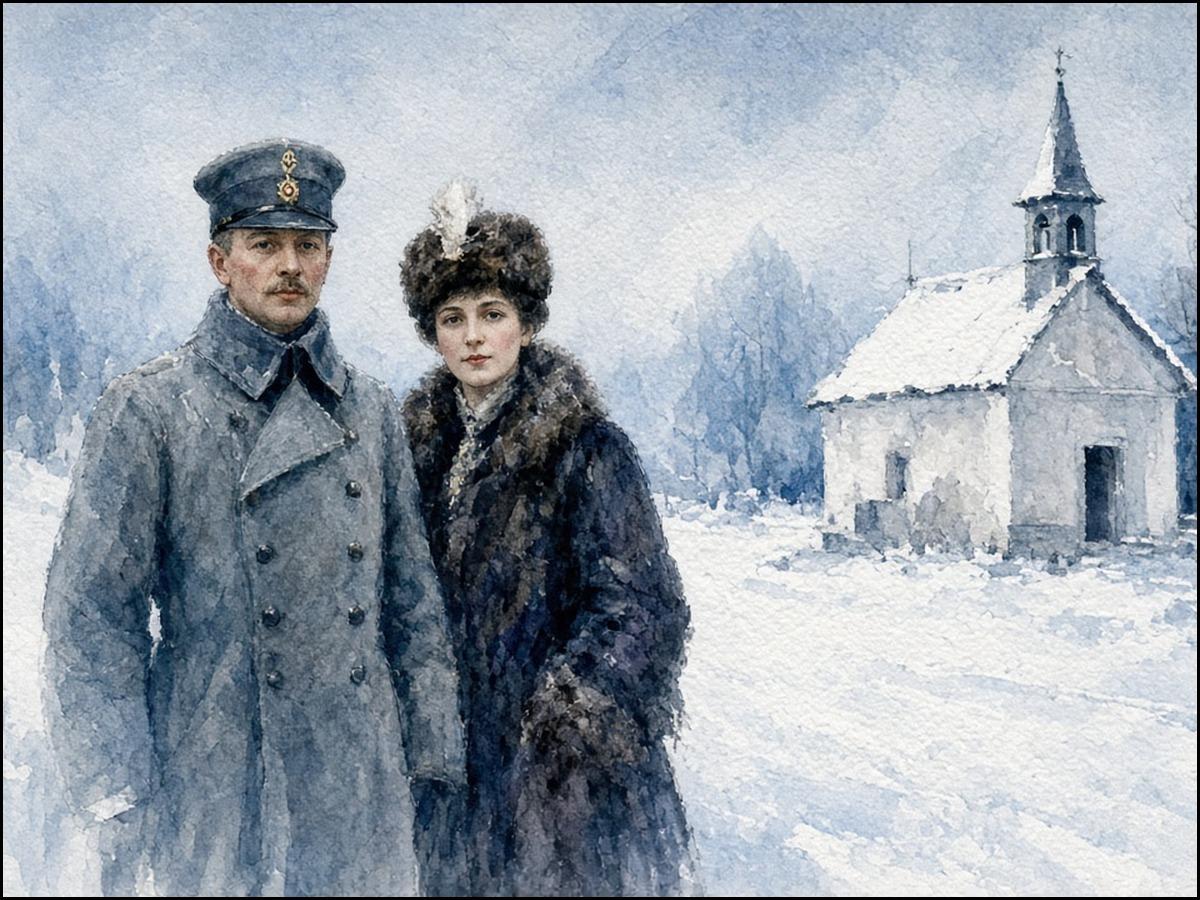 Aquarell: Kaiser Karl im Uniformmantel und Kaiserin Zita im Pelzmantel im Schnee vor einer kleinen weißen Kapelle, Innsbruck 1917.