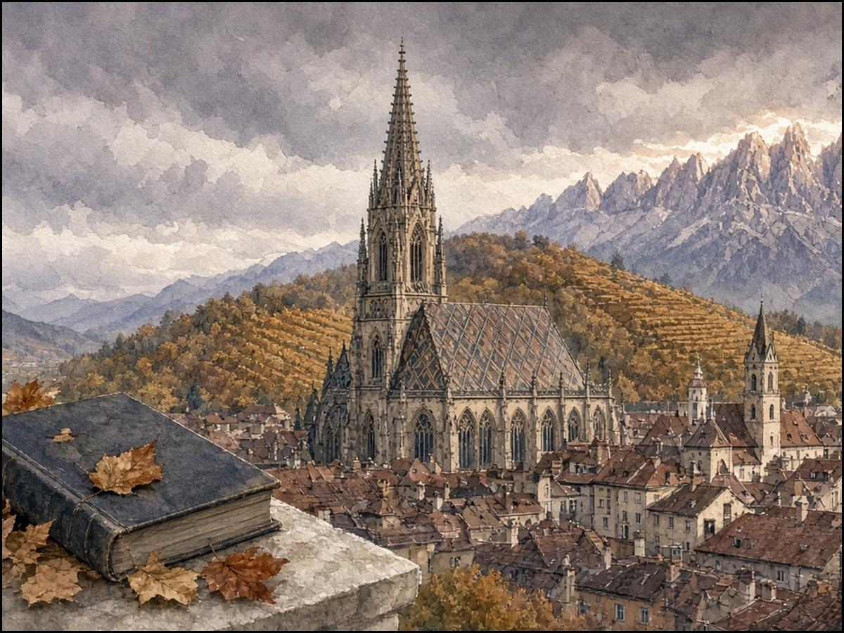 Aquarell: Blick über die Altstadtdächer von Bozen auf den gotischen Dom mit durchbrochenem Turmhelm und buntem Rautendach, dahinter herbstliche Weinberge und die Zacken der Dolomiten unter grauen Wolken; im Vordergrund ein altes geschlossenes Buch mit Her