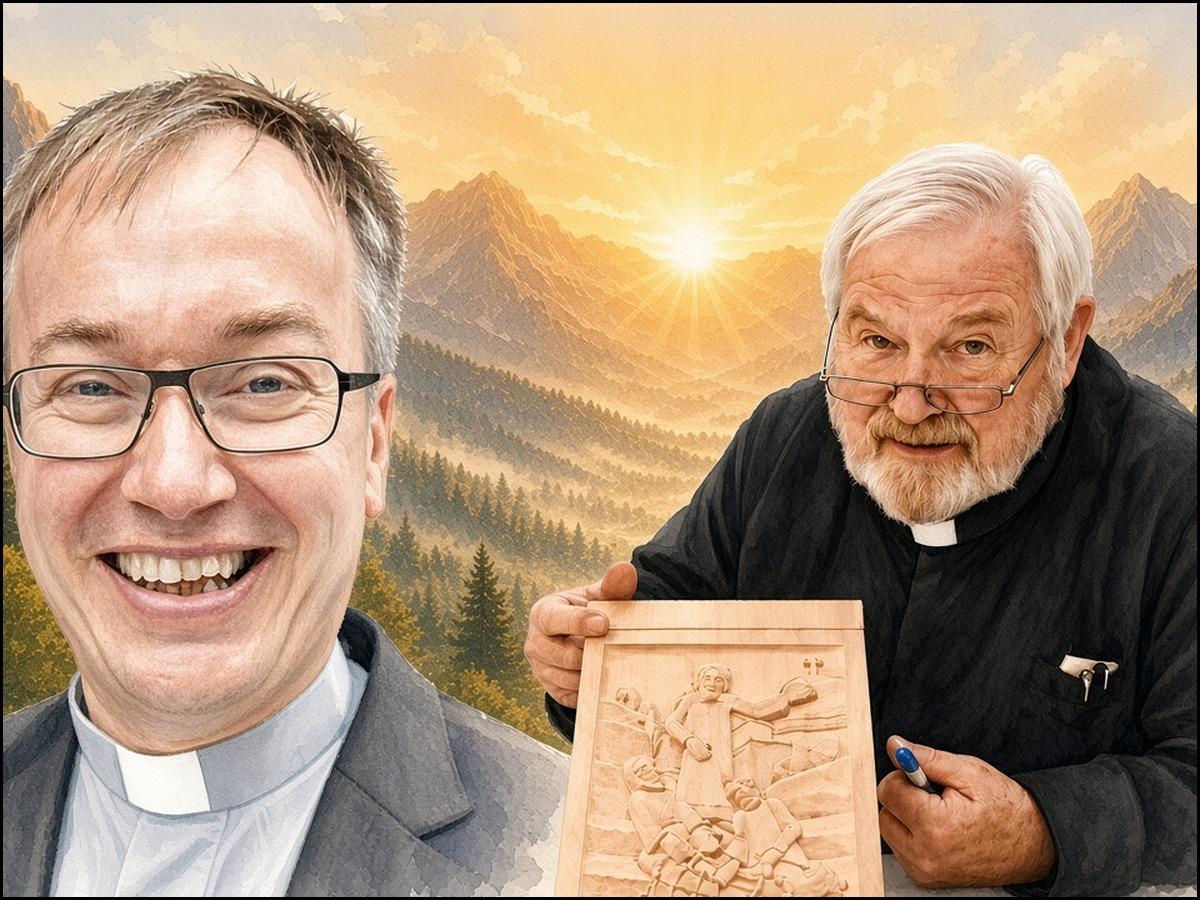 Aquarell-Doppelporträt zweier Geistlicher: links ein herzlich lachender Priester mit Brille und weißem Kollar im grauen Sakko, rechts ein alter Priester mit weißem Haar, weißem Bart und Brille im schwarzen Hemd mit Kollar, der ein helles geschnitztes Holz