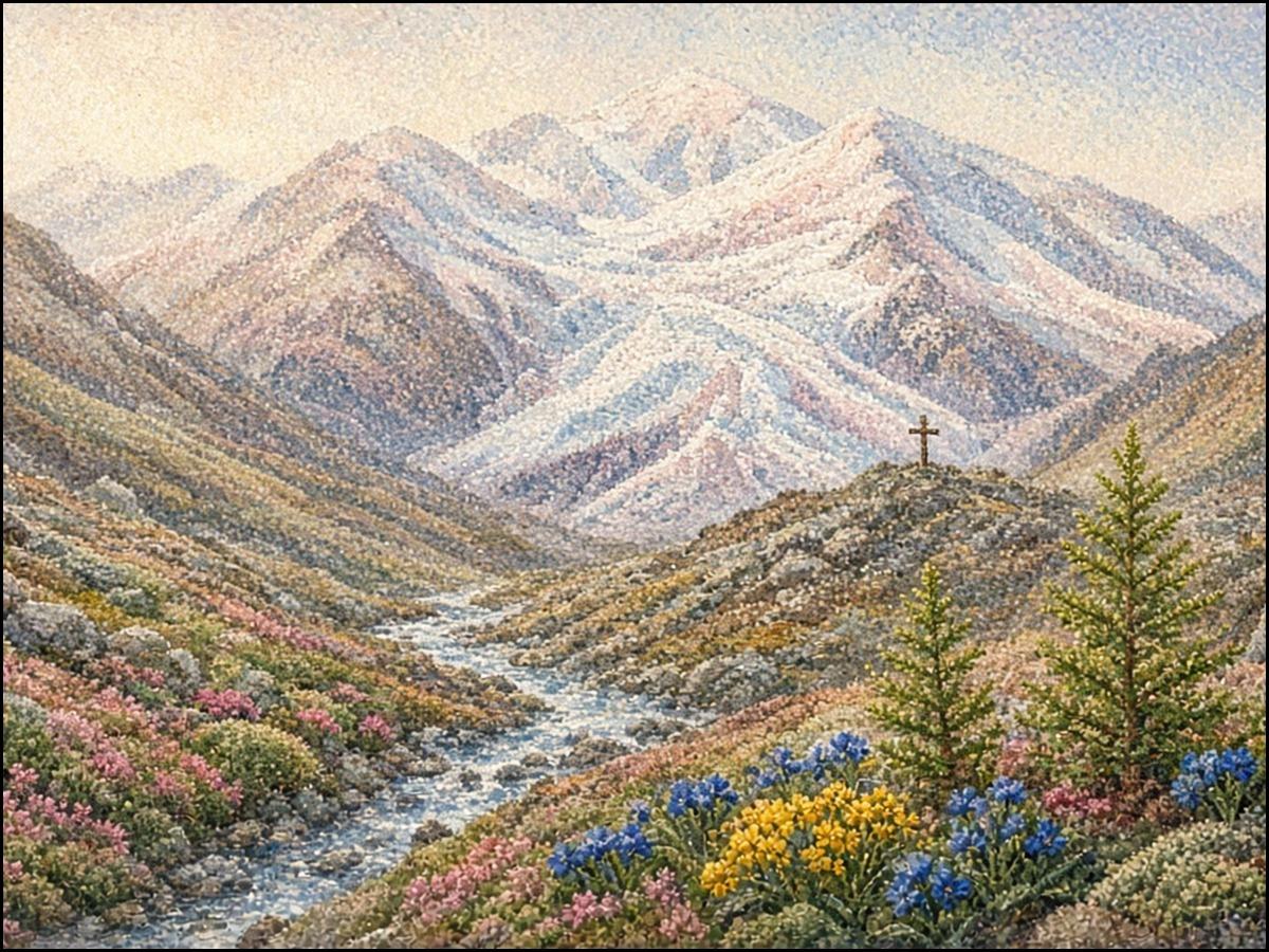 Pointillismus: Ein Hochtal im Morgenlicht, die Gletscherzunge zieht sich zum Gipfel zurück; auf der grauen Moräne wachsen Enzian, Polsterpflanzen und junge Lärchen, ein Bach fließt, am Rand steht klein ein Wegkreuz.