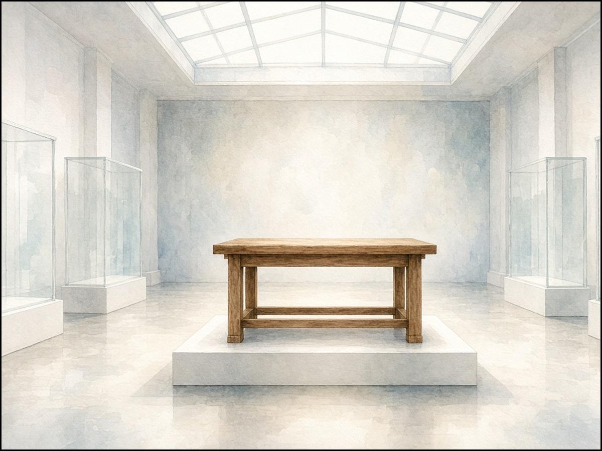 Aquarell: Ein heller Museumssaal, in dessen Mitte ein schlichter hölzerner Volksaltar wie ein Ausstellungsstück auf einem Podest steht; Licht fällt von oben, an den Wänden stehen leere Vitrinen.