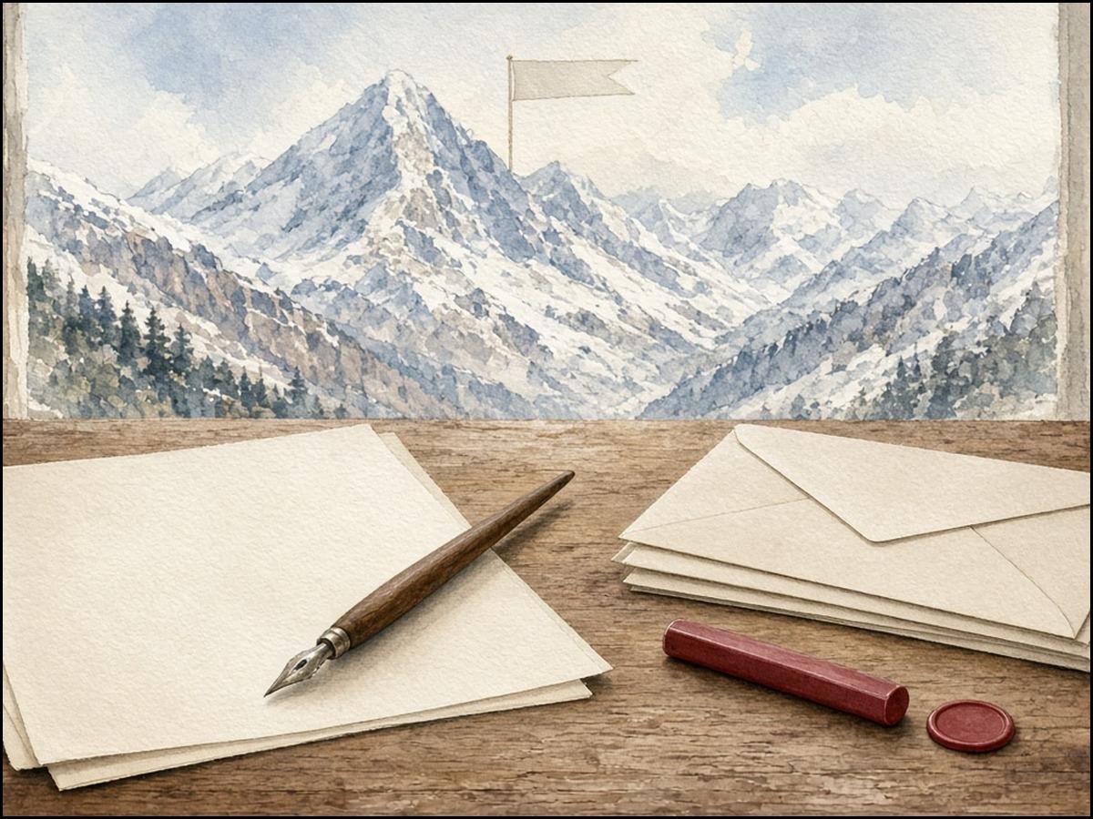 Aquarell: Stillleben auf einem Holzschreibtisch mit leeren Briefbögen, Federhalter, rotem Siegellack und gestapelten Kuverts; durchs Fenster ein verschneiter Alpengipfel mit einem kleinen hellen Banner.