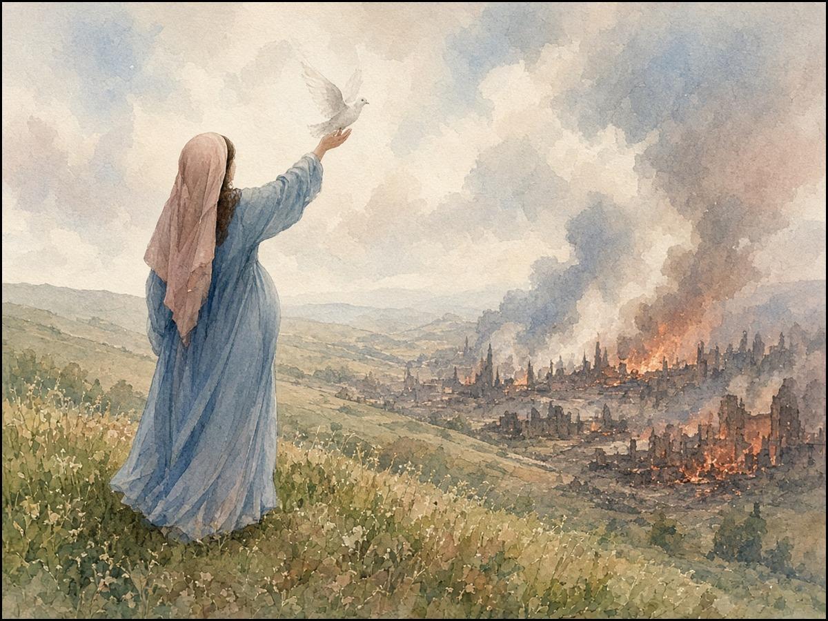 Aquarell: Eine schwangere Frau steht von hinten auf einem grünen Hügel und hebt eine weiße Taube; in der Ferne brennt eine zerstörte Stadt unter Rauchwolken.