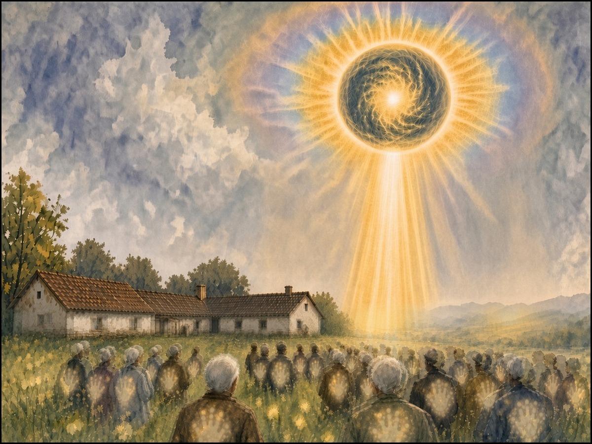 Aquarell: Vor einem niedrigen burgenländischen Bauernhof stehen viele Menschen in Kleidung der 1960er-Jahre auf einer Wiese; von einer grün-silbrig wirbelnden Sonne fällt eine Lichtbahn auf sie, die sich in handförmige Lichtflecken auflöst.