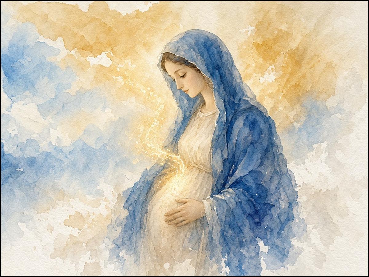 Aquarell: Maria in der Erwartung im blauen Mantel, die Hand auf dem gewölbten Leib, goldene Lichtpunkte steigen zu ihrem Herzen und Gesicht auf, vor einem Himmel in Blau und Gold.