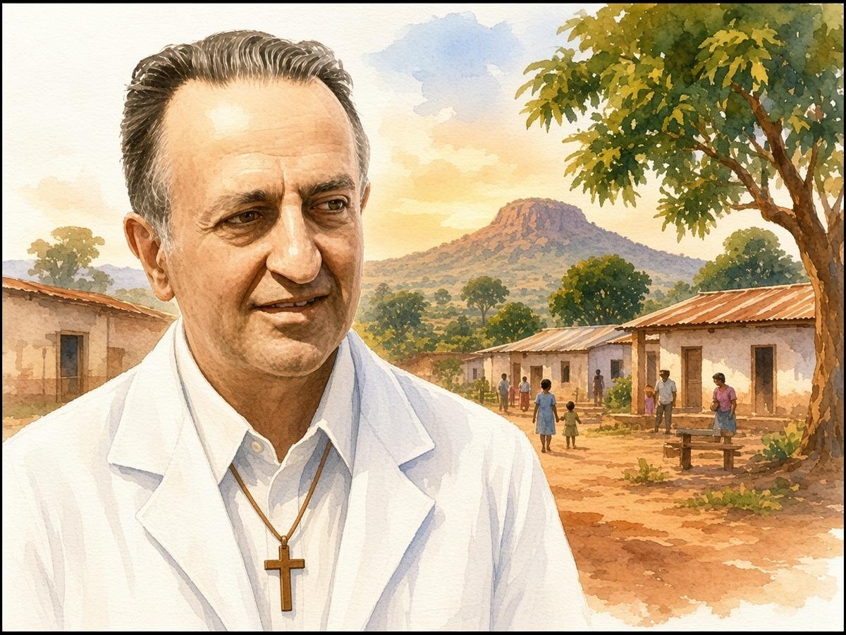 Aquarell: Missionsarzt im weißen Kittel mit Holzkreuz, dahinter einfache Krankenhausgebäude, ein Mangobaum, wartende Mütter mit Kindern und der Berg von Kalongo im Abendlicht.