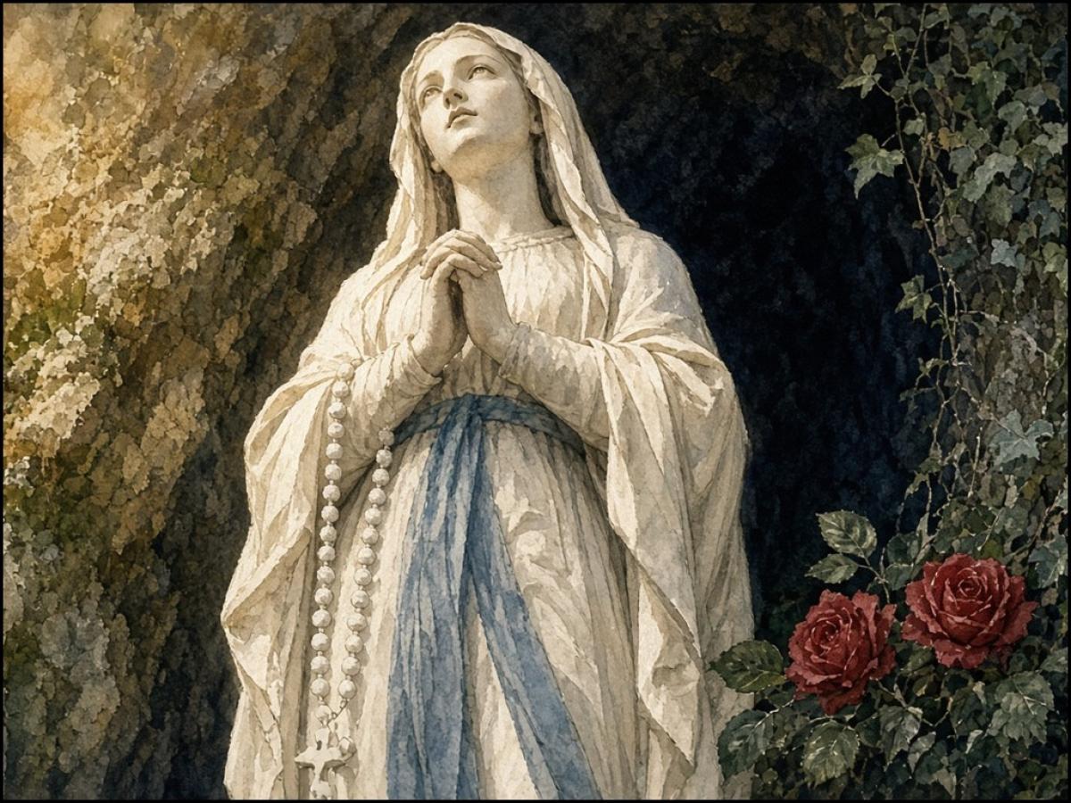Statue der Muttergottes in der nächtlich beleuchteten Grotte von Massabielle in Lourdes, mit Rosenkranz und blauem Gürtel, rote Rosen im Vordergrund.