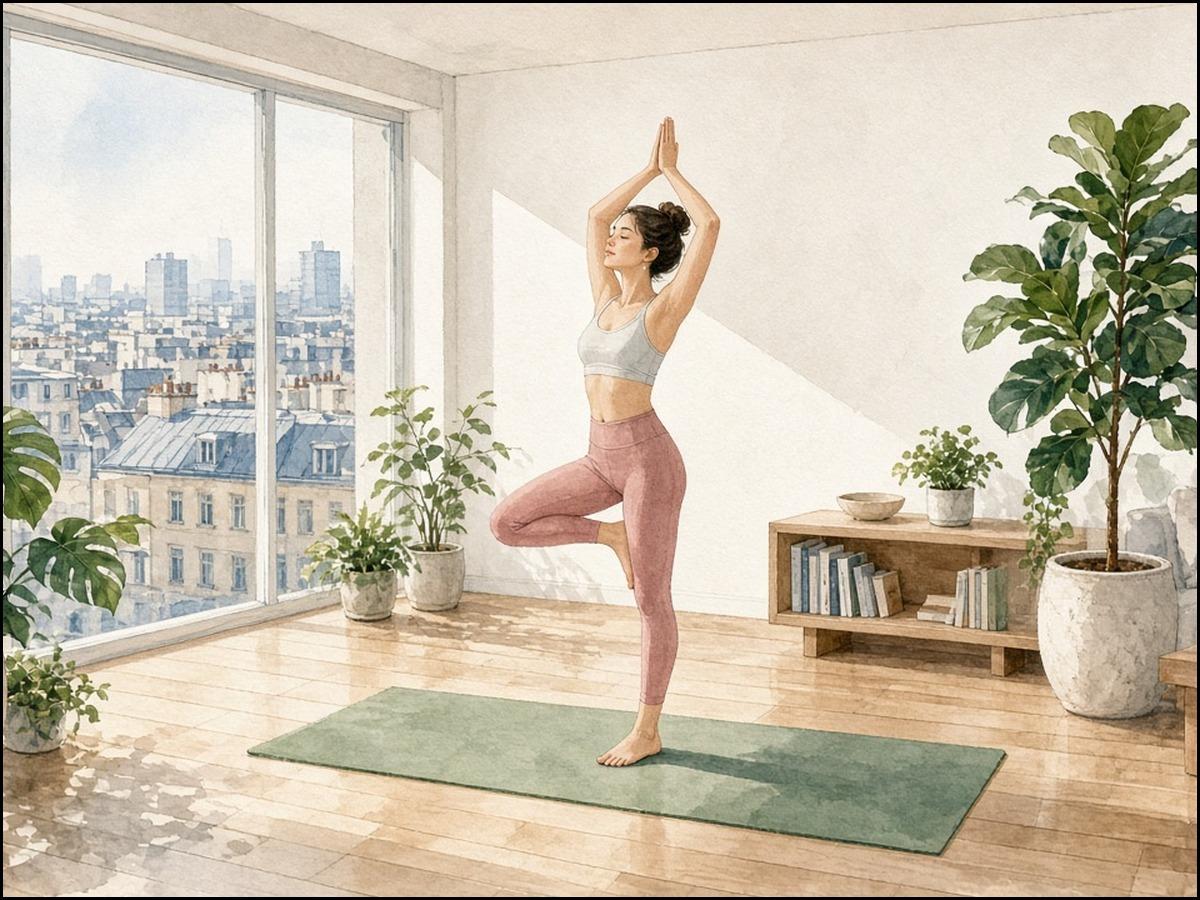 Aquarell: Eine junge Frau steht in der Baumhaltung auf einer grünen Yogamatte in einer hellen, modernen Stadtwohnung mit großen Fenstern, Holzboden und vielen Zimmerpflanzen.