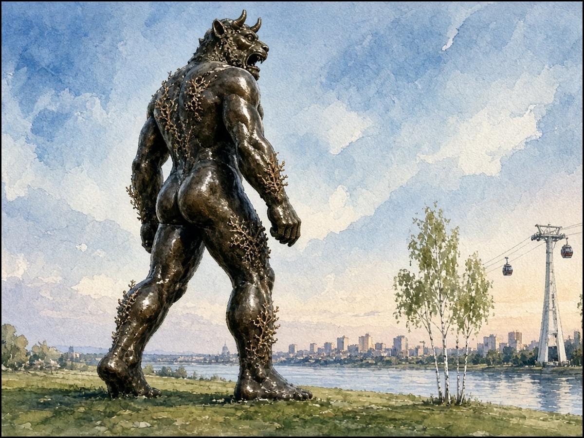 Aquarell der riesigen dunklen Bronzefigur „Demon with Bowl“ von Damien Hirst, von schräg hinten gesehen, mit gehörntem Dämonenkopf und korallenartigen Wucherungen, an der Themse; rechts Birken und ein Seilbahnmast, dahinter die Skyline unter blauem Himmel