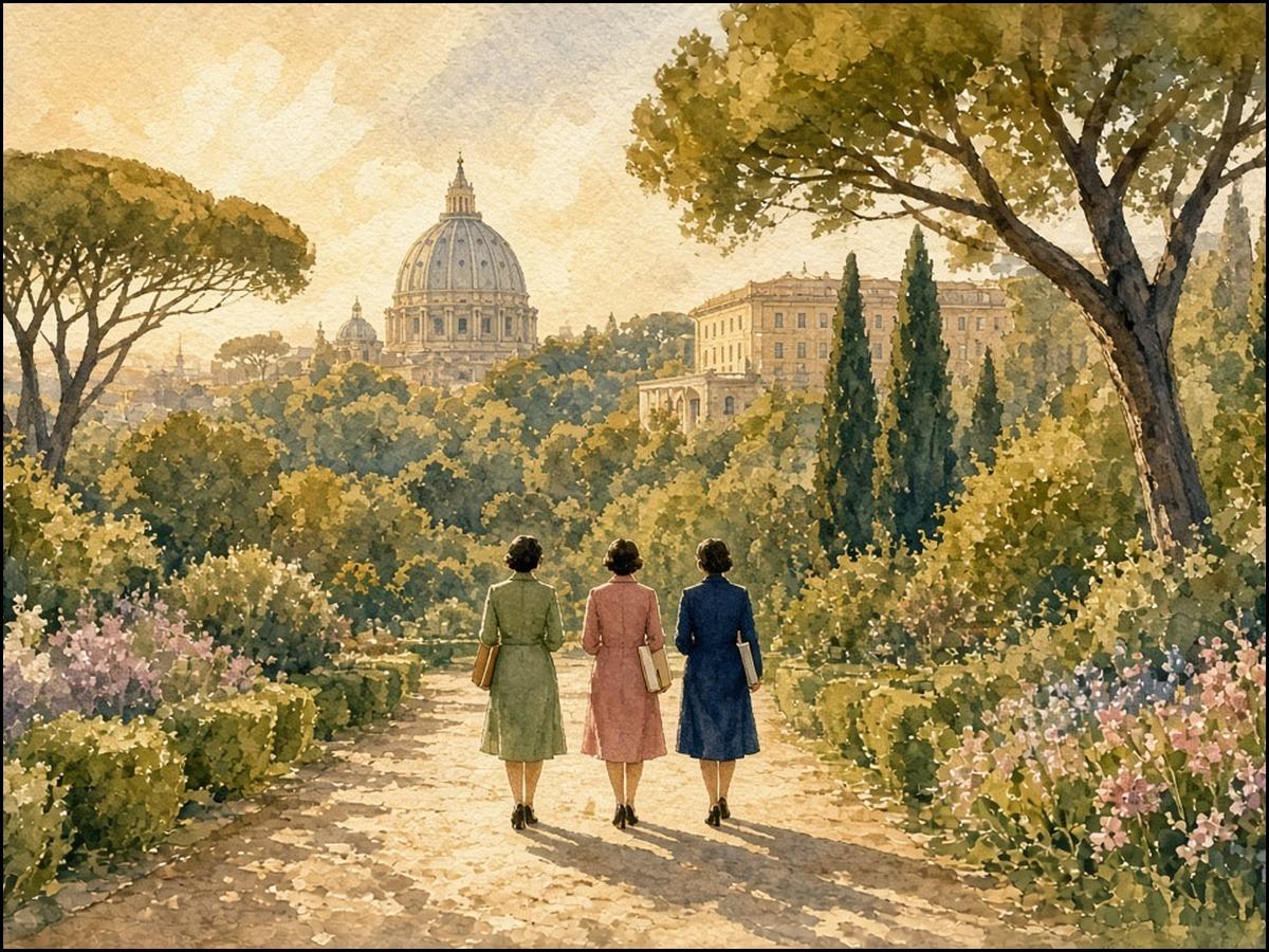 Aquarell: Drei Frauen mit Mappen gehen, von hinten gesehen, auf einem Kiesweg durch die Vatikanischen Gärten auf die Kuppel des Petersdoms zu, im warmen Licht des späten Nachmittags.