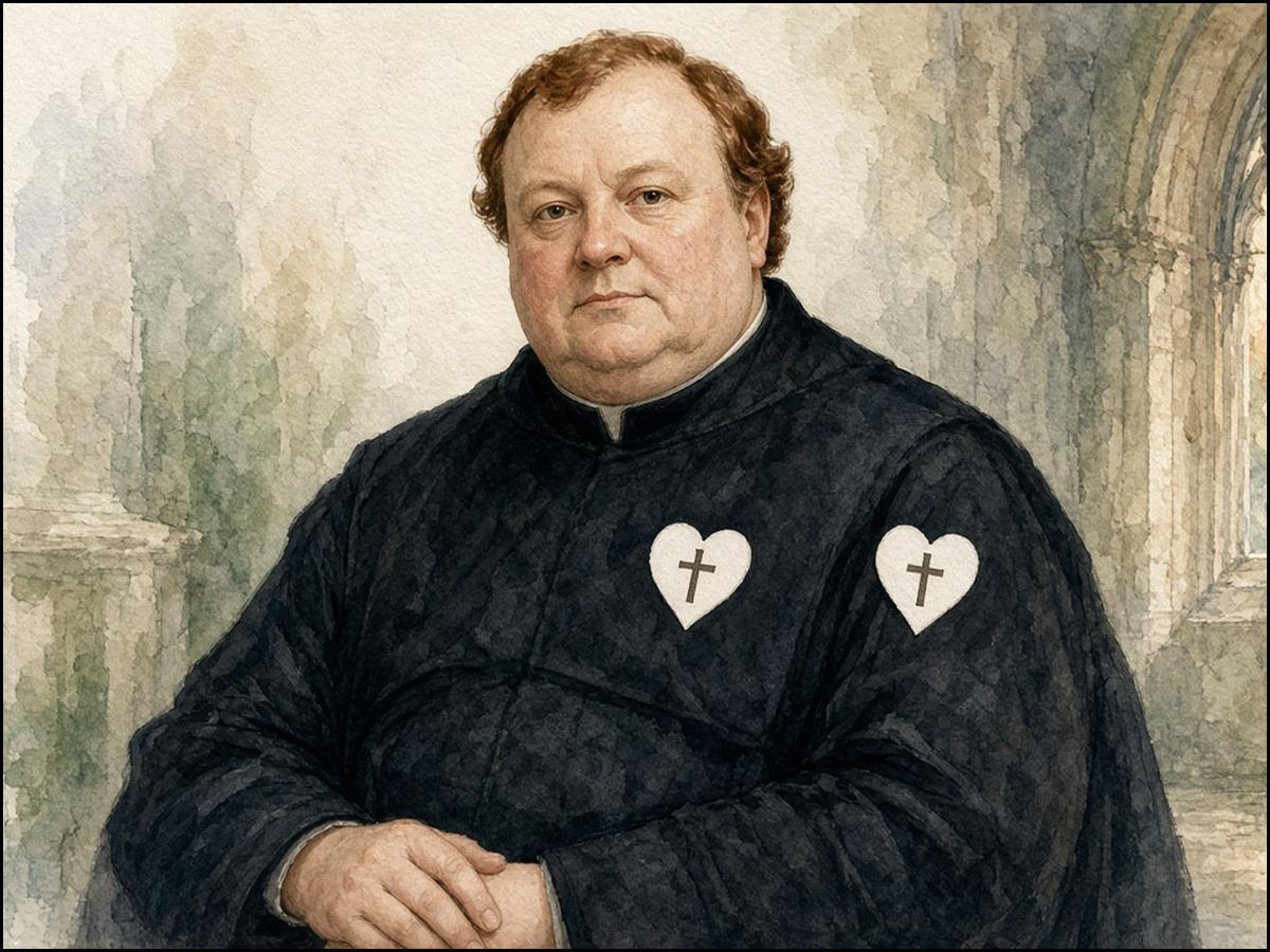 Aquarell: Halbfigur eines kräftigen Priesters mit rundem Gesicht und rotbraunem, lockigem Haar im schwarzen Passionistenhabit mit zwei weißen Herzzeichen mit Kreuz, die Hände übereinandergelegt; dahinter angedeutete gotische Kirchenarchitektur in hellen T