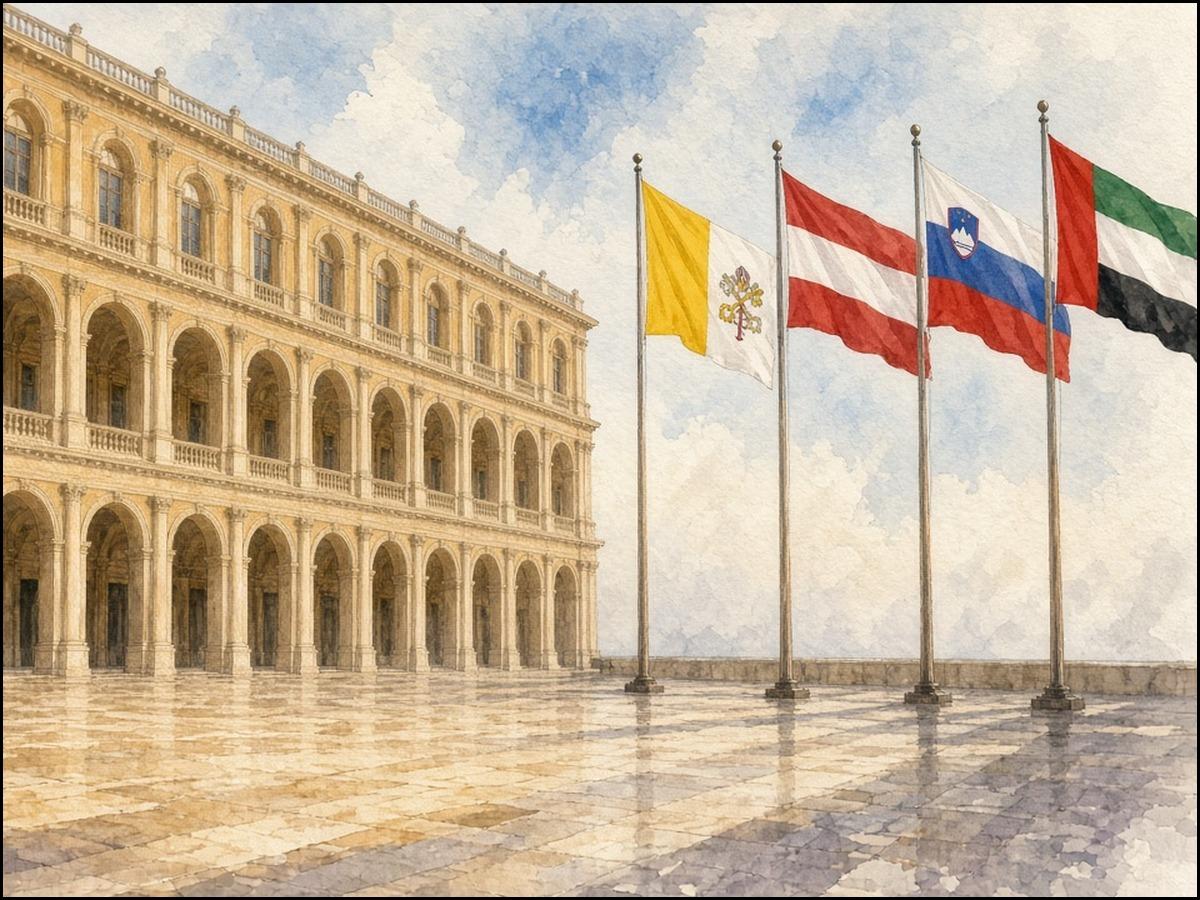 Aquarell: Renaissance-Loggien des Cortile di San Damaso im Morgenlicht, davor vier Flaggen an Masten: Vatikan, Österreich, Slowenien und Vereinigte Arabische Emirate.