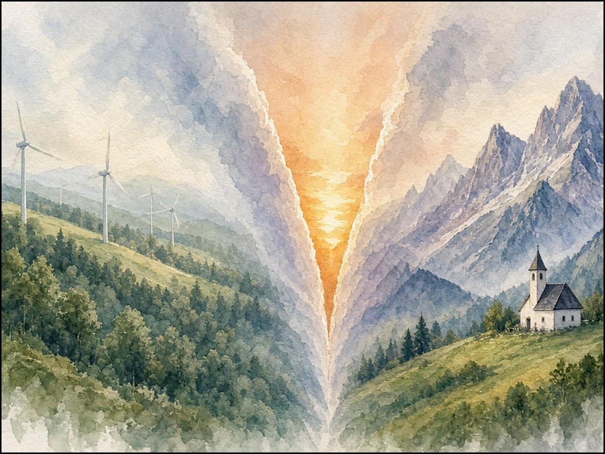 Aquarell: Zwei Landschaften stehen einander gegenüber – links Hügel mit Windrädern im Wald, rechts eine Alm mit Kapelle vor Bergen, dazwischen ein schmales Tal im Abendlicht.