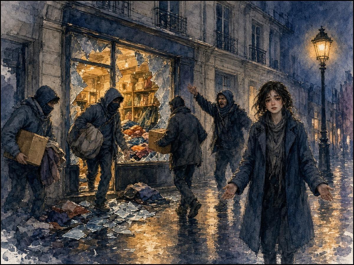 Eine junge Frau blickt traurig zum Betrachter, während hinter ihr maskierte Plünderer in Paris ein Geschäft ausräumen.